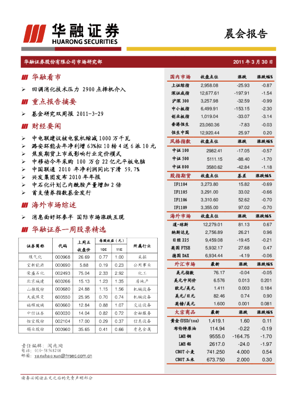 华融证券晨会报告