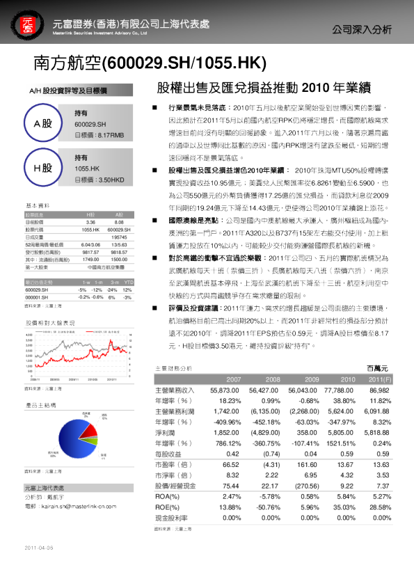 股权出售及汇兑损益推动2010年业绩