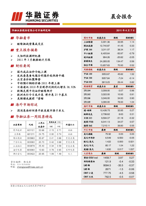 华融证券晨会报告