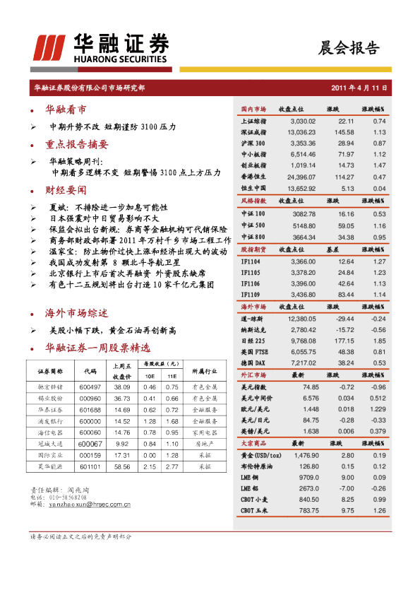 华融证券晨会报告