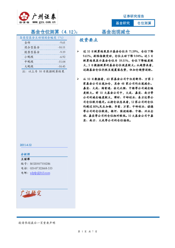 基金仓位测算:基金出现减仓