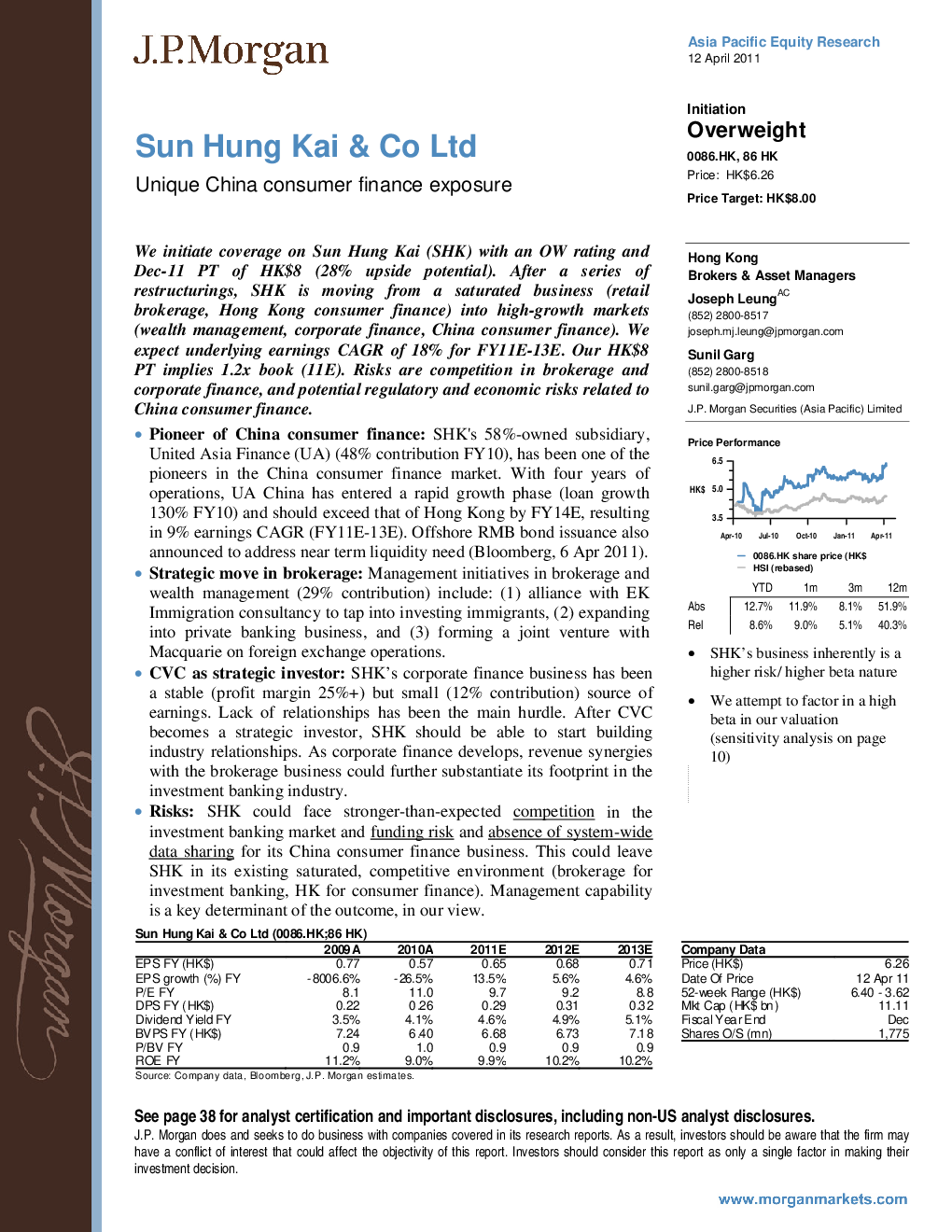 Sun Hung Kai & Co Ltd：Unique China consumer finance exposure