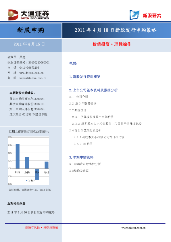 2011年4月18日新股发行申购策略