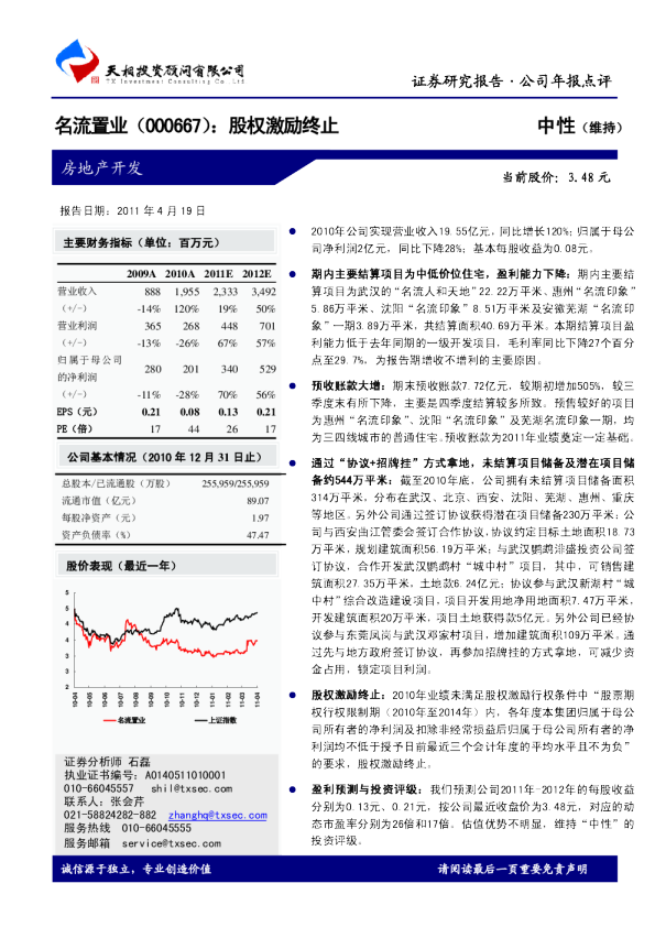 名流置业：股权激励终止