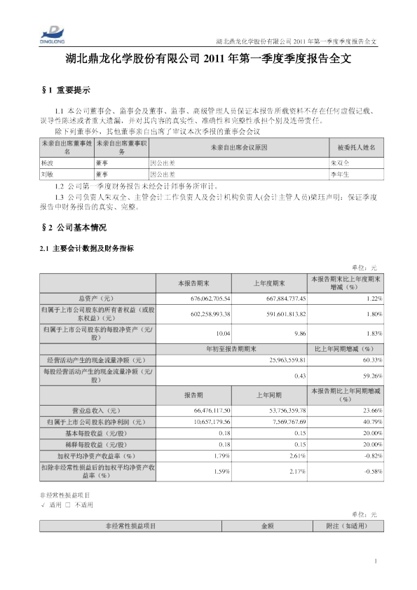 鼎龙股份：2011年第一季度报告全文