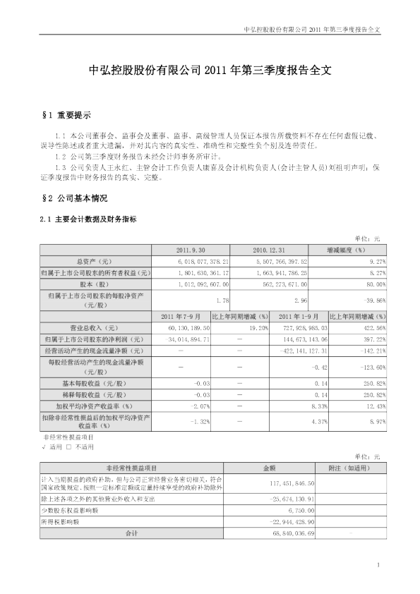 中弘股份：2011年第三季度报告全文
