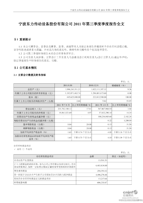 东力传动：2011年第三季度报告全文