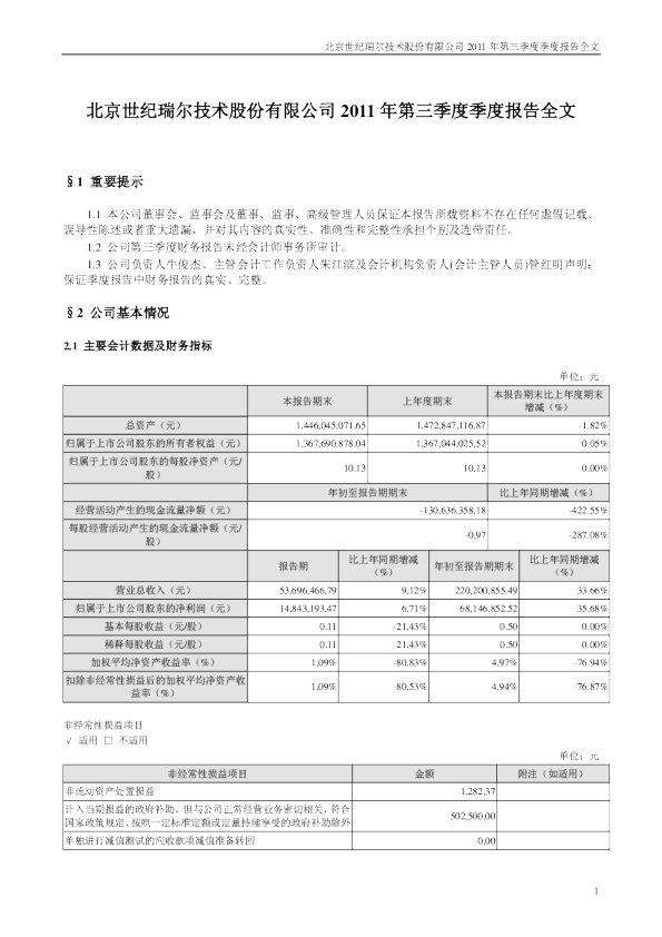 世纪瑞尔：2011年第三季度报告全文