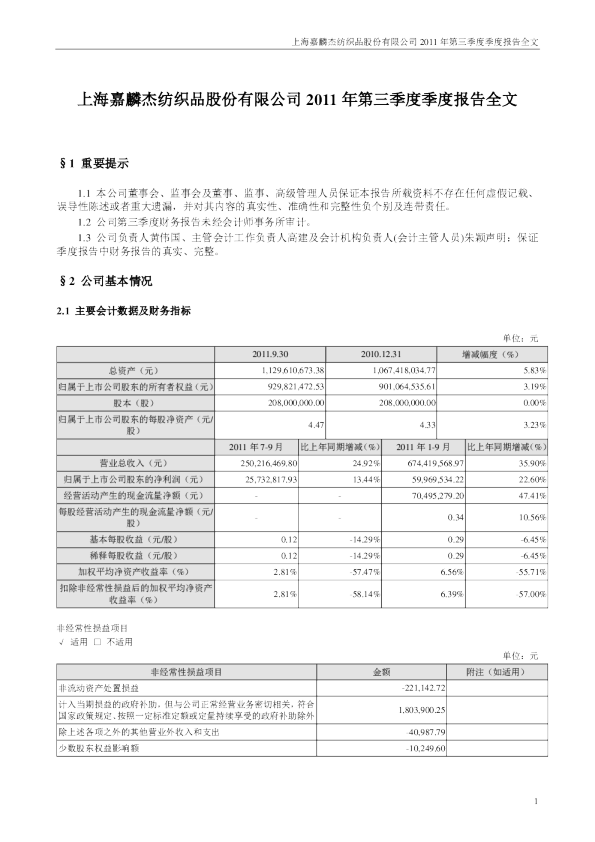 嘉麟杰：2011年第三季度报告全文