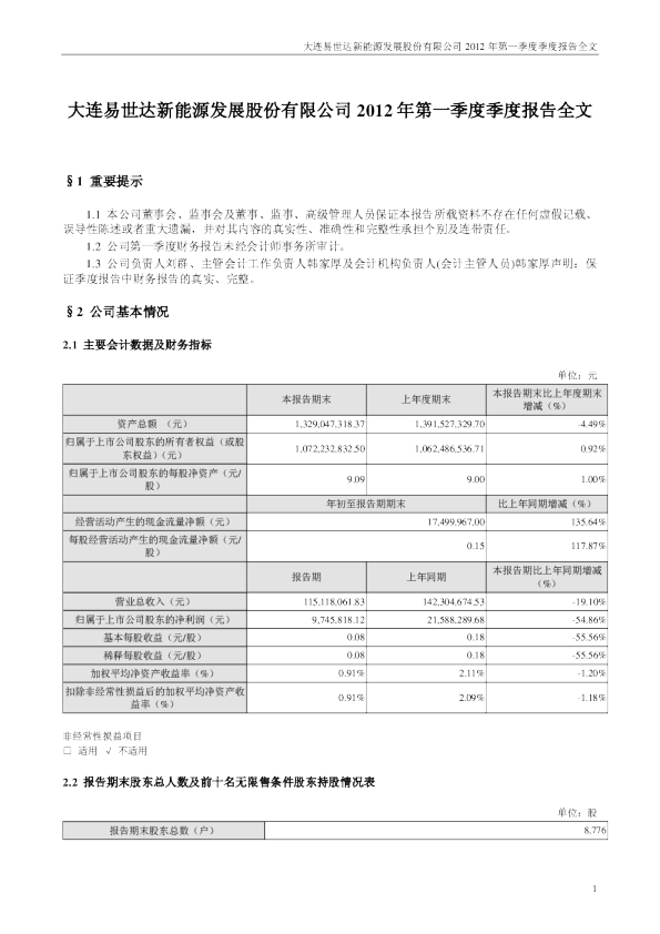 易世达：2012年第一季度报告全文