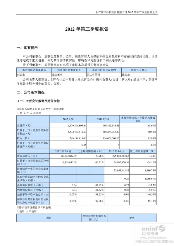 南洋科技：2012年第三季度报告全文