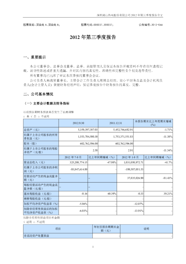 深南电Ａ：2012年第三季度报告全文
