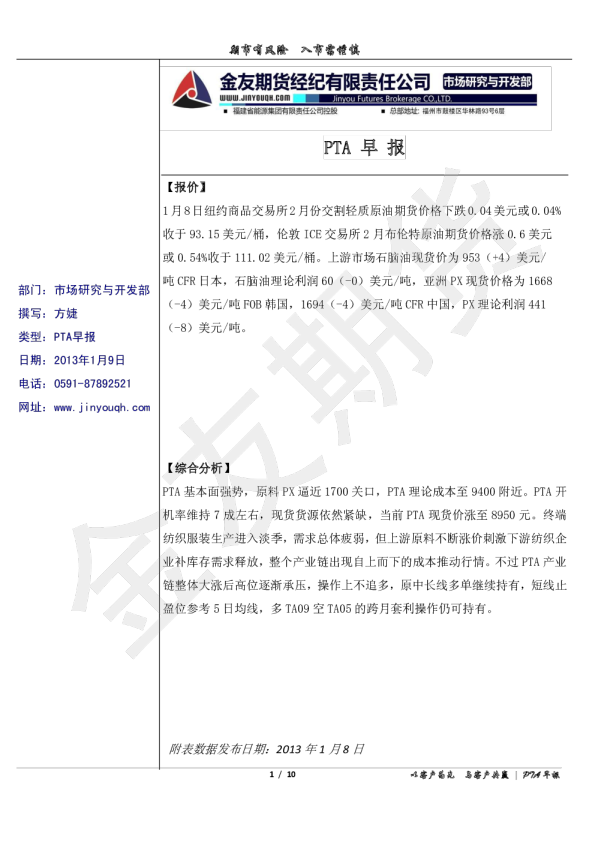 金友期货PTA早报