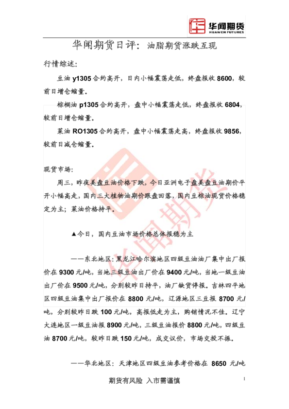 华闻期货日评：油脂期货涨跌互现