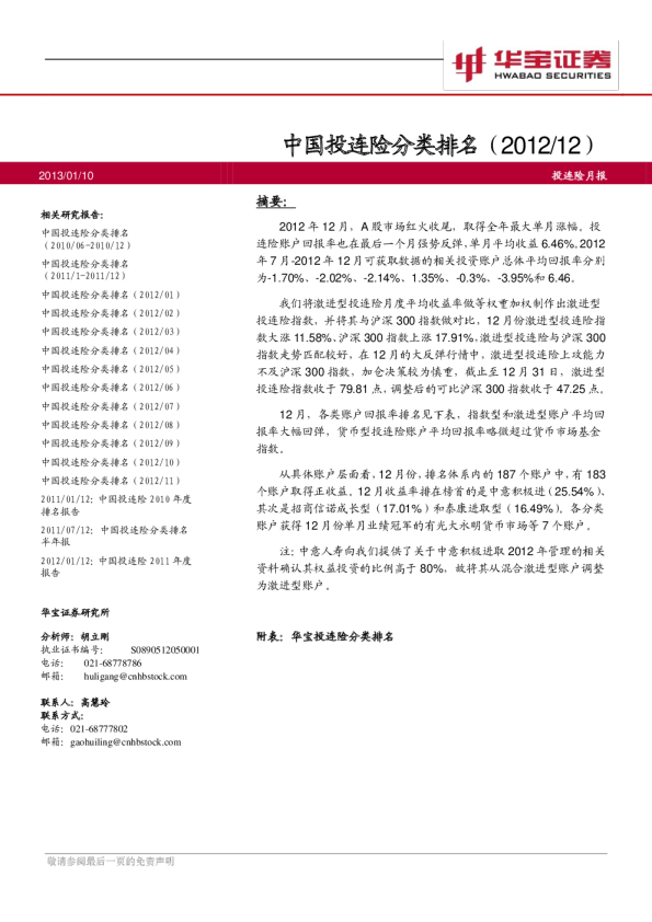 投连险月报：中国投连险分类排名