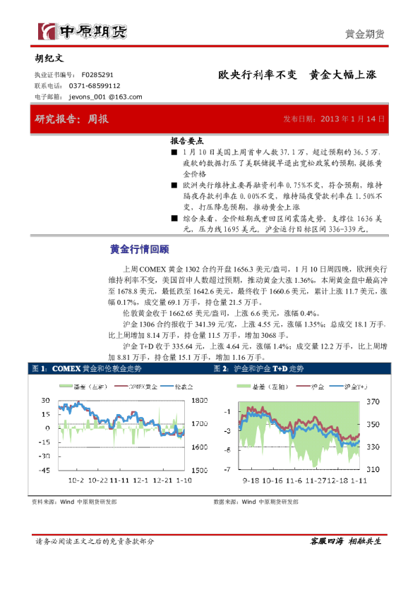 黄金期货周报：欧央行利率不变,黄金大幅上涨