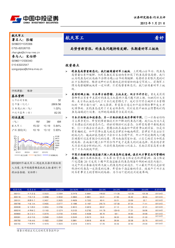 航天军工：局势重新紧张,钓鱼岛问题持续发酵,长期看好军工板块
