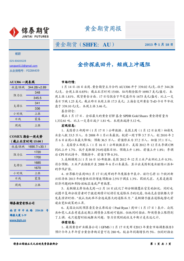 黄金期货周报：金价探底回升,短线上冲遇阻