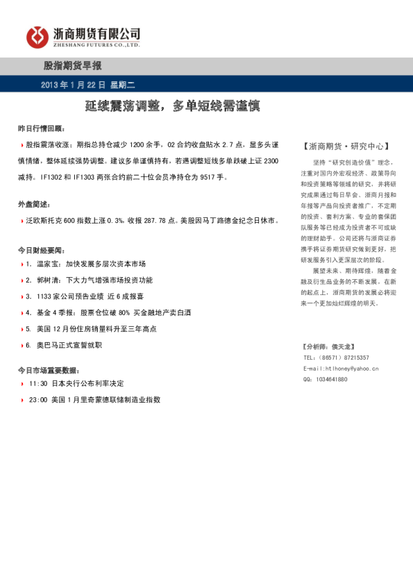 股指早报(1-22)：延续震荡调整,多单短线需谨慎