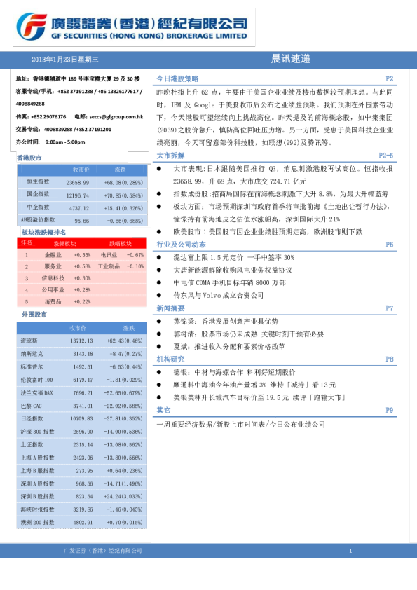 广发香港港股(1月23日)策略