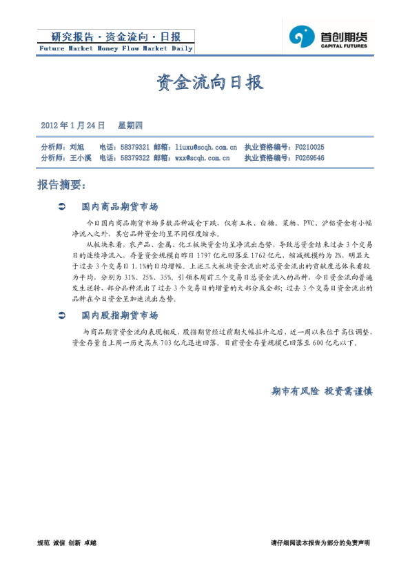 首创期货资金流向日报