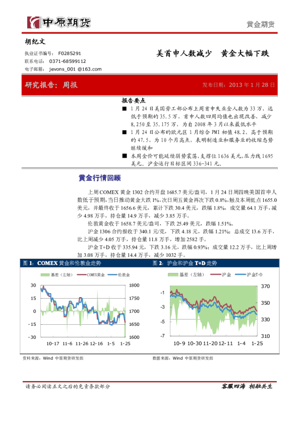 黄金期货周报：美首申人数减少,黄金大幅下跌