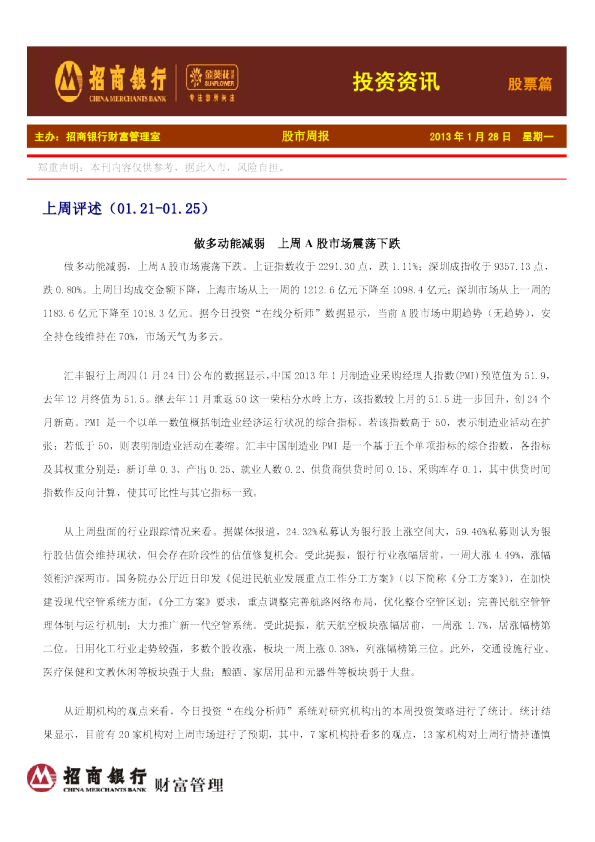 招商银行金葵花投资资讯-股票篇