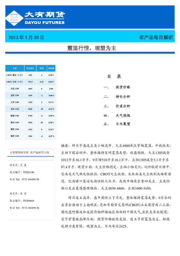 农产品每日解析：震荡行情,观望为主