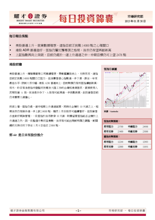 耀才证券每日投资锦囊