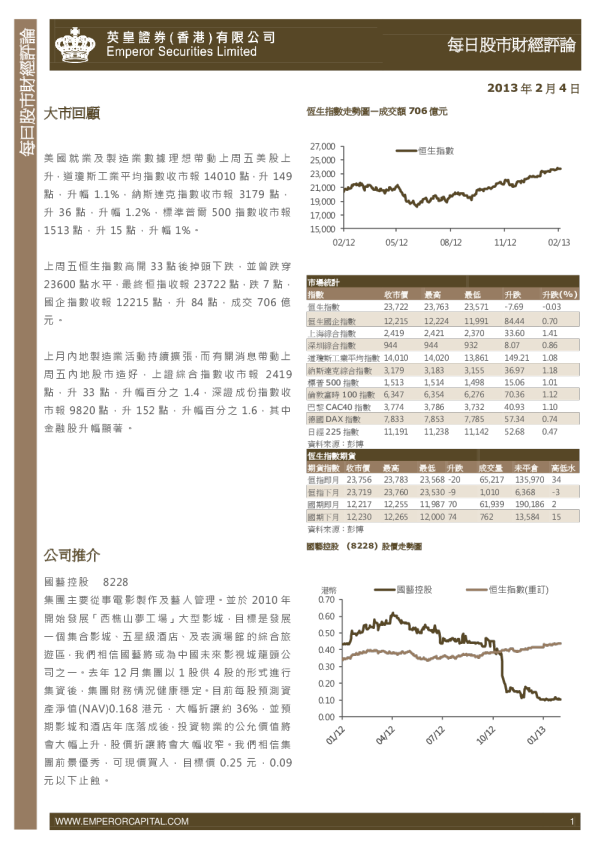 英皇证券每日股市财经评论