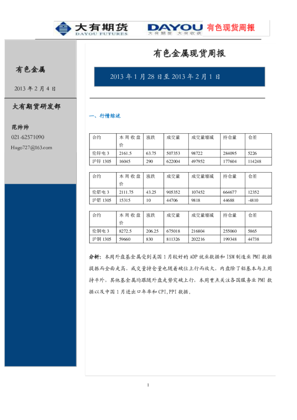 大有期货有色金属现货周报