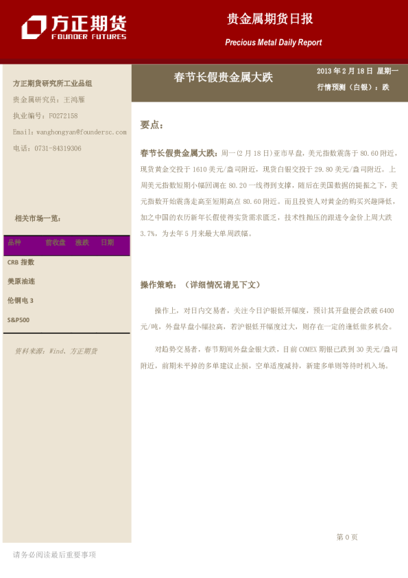 贵金属期货日报：春节长假贵金属大跌