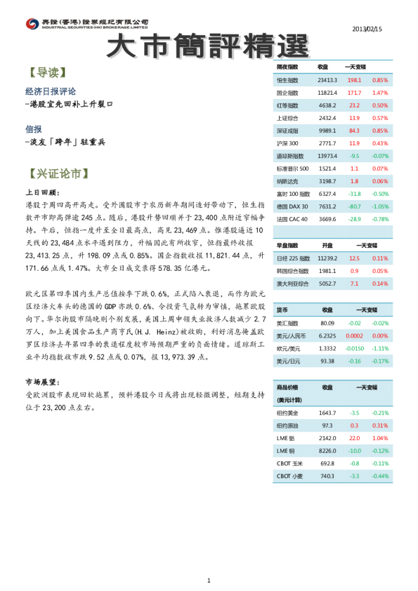 兴证香港大市简评精选