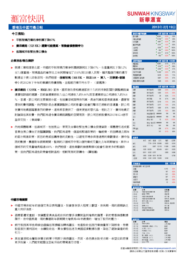 汇富快讯-香港及中国市场日报