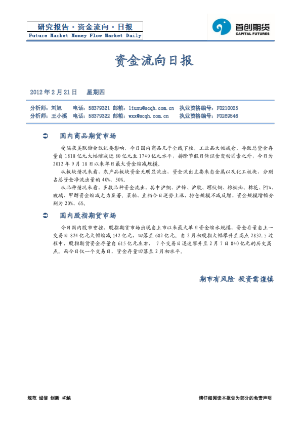 首创期货资金流向日报