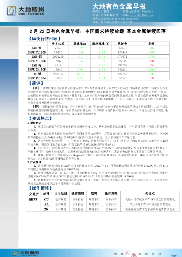 有色金属早报：中国需求持续放缓,基本金属继续回落