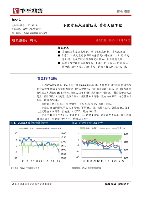 黄金期货周报：量化宽松或提前结束,黄金大幅下挫