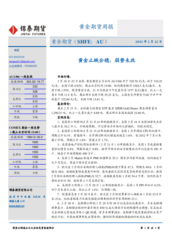 黄金期货周报：黄金止跌企稳,弱势未改