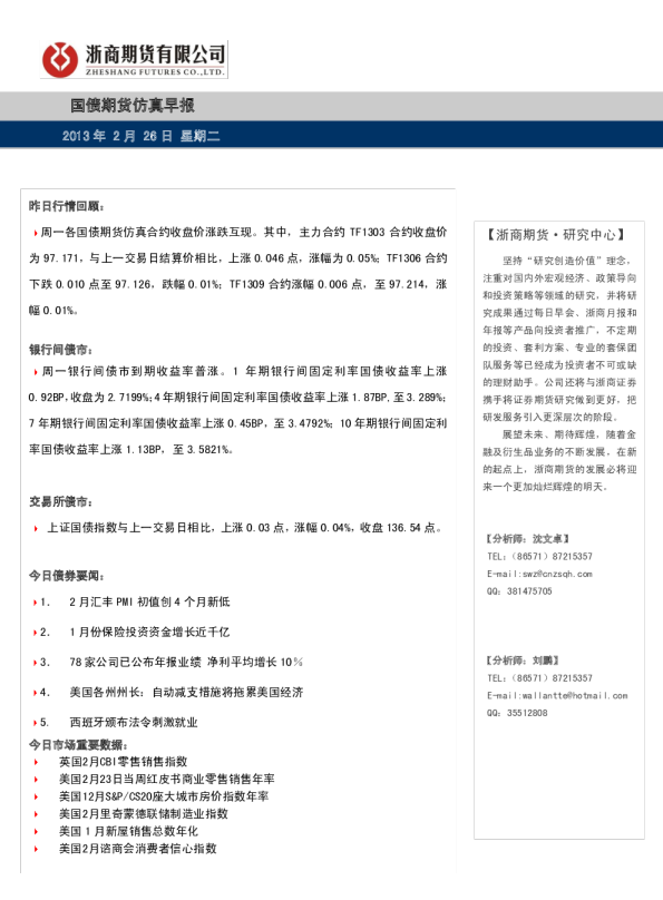 浙商期货国债期货仿真早报