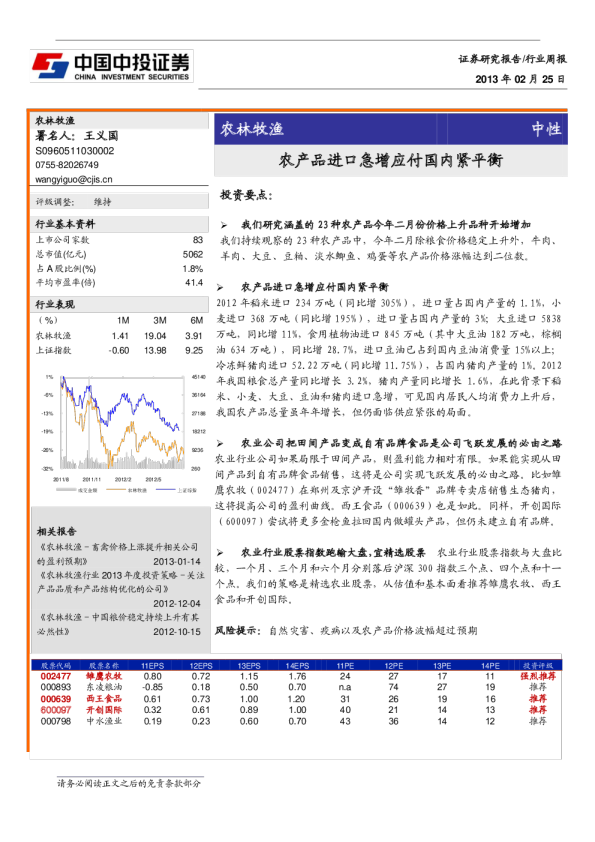 农林牧渔行业：农产品进口急增应付国内紧平衡
