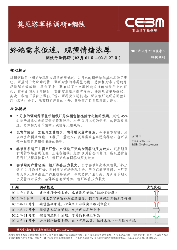 钢铁行业调研：终端需求低迷观望情绪浓厚