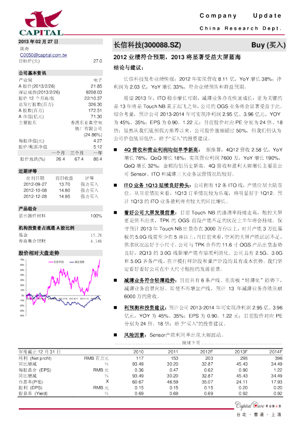 2012业绩符合预期,2013将显著受益大屏蓝海