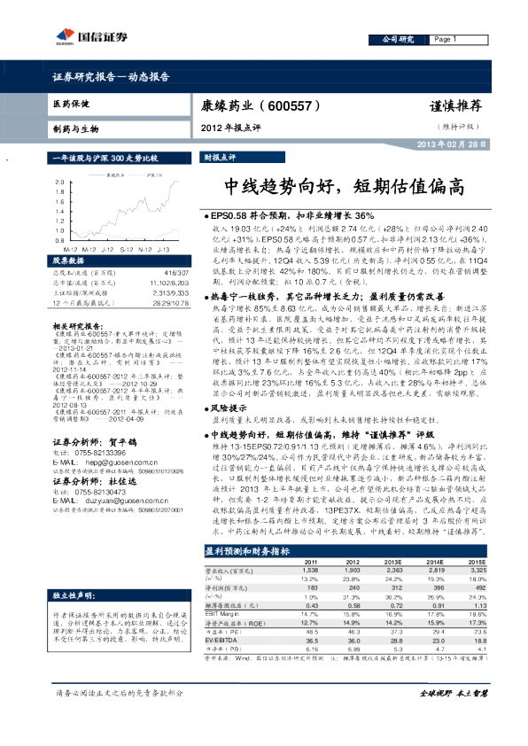 2012年报点评：中线趋势向好，短期估值偏高