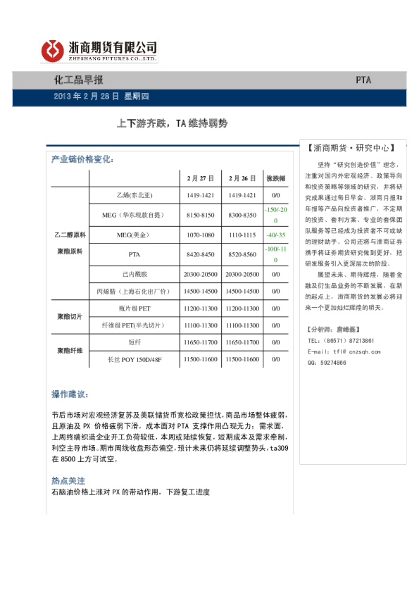 化工品早报：上下游齐跌,TA维持弱势