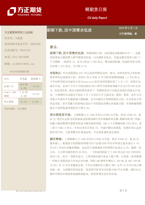 铜日报：期铜下跌,因中国需求低迷