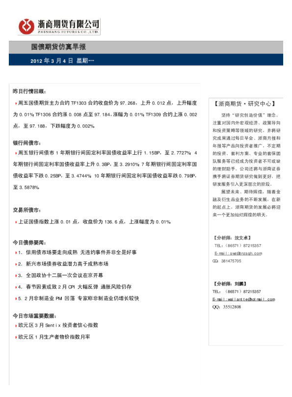 浙商期货国债期货仿真早报