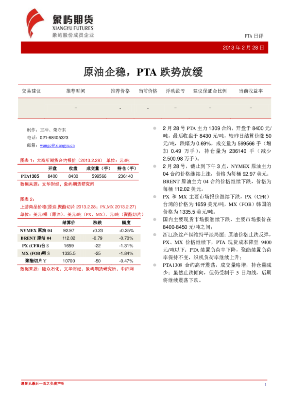 PTA日评：原油企稳,PTA跌势放缓