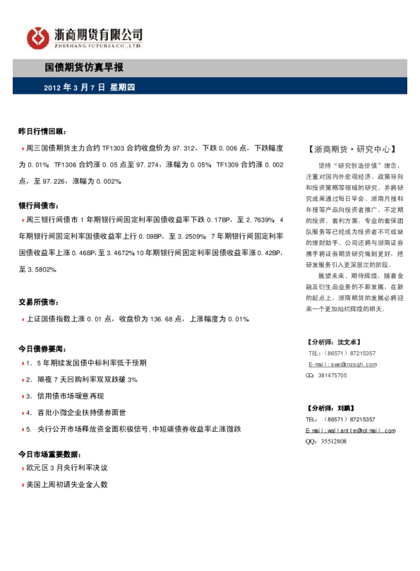 浙商期货国债期货仿真早报