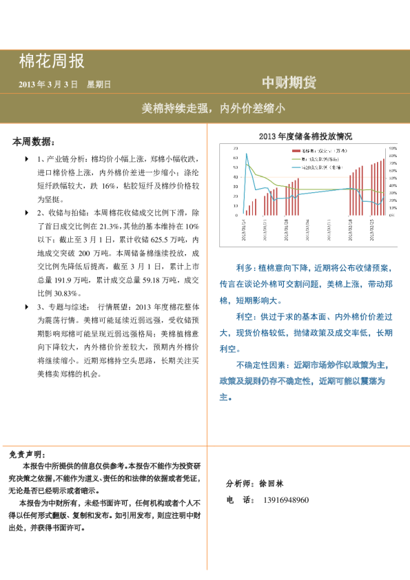 棉花周报：美棉持续走强,内外价差缩小