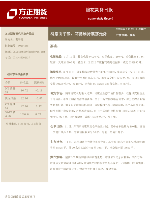 棉花日报：消息面平静,郑棉维持震荡走势